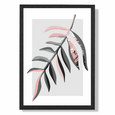 Artze Wall Art Tropical Leaf Grey And Pink Boho Botanical Art Print With Black Frame Size: A4 from B&Q
