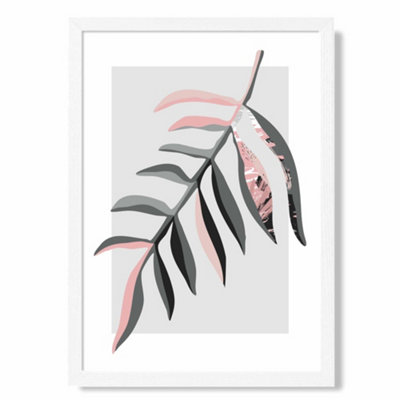 Artze Wall Art Tropical Leaf Grey And Pink Boho Botanical Art Print With White Frame Size: A4 from B&Q