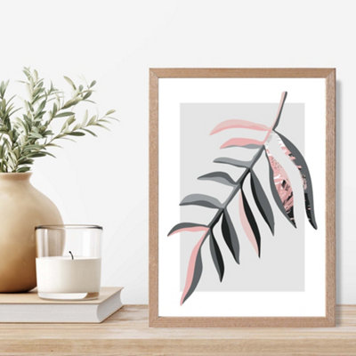 Artze Wall Art Tropical Leaf Grey And Pink Boho Botanical Framed Print Size: A4 With Oak Frame from B&Q