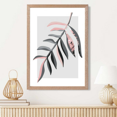 Artze Wall Art Tropical Leaf Grey And Pink Boho Botanical Framed Print Size: A3 With Oak Frame from B&Q