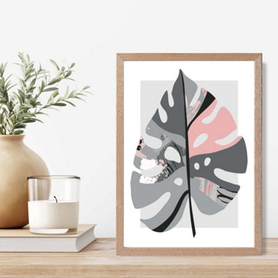 Artze Wall Art Monstera Leaf Grey And Pink Boho Botanical Framed Print Size: A4 With Oak Frame from B&Q
