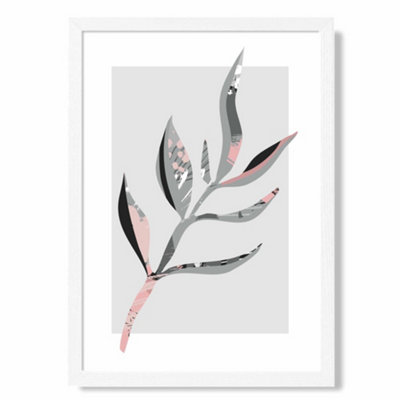 Artze Wall Art Papyrus Leaf Grey And Pink Boho Botanical Art Print With White Frame Size: A4 from B&Q