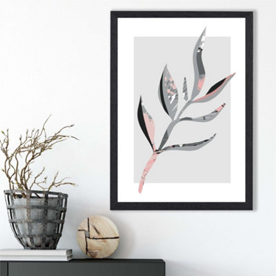 Artze Wall Art Papyrus Leaf Grey And Pink Boho Botanical Framed Print Size: A3 With Black Frame from B&Q
