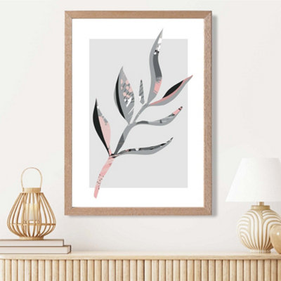 Artze Wall Art Papyrus Leaf Grey And Pink Boho Botanical Framed Print Size: A3 With Oak Frame from B&Q