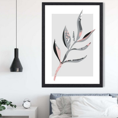 Artze Wall Art Papyrus Leaf Grey And Pink Boho Botanical Framed Print Size: A2 With Black Frame from B&Q