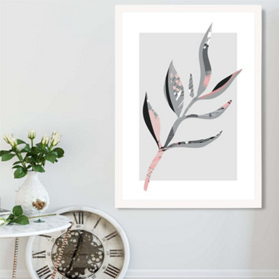 Artze Wall Art Papyrus Leaf Grey And Pink Boho Botanical Framed Print Size: A2 With White Frame from B&Q