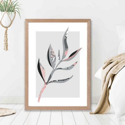 Artze Wall Art Papyrus Leaf Grey And Pink Boho Botanical Framed Print Size: A2 With Oak Frame from B&Q