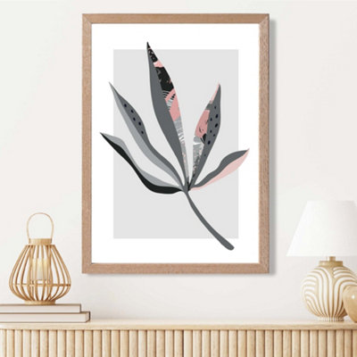Artze Wall Art Palm Leaf Grey And Pink Boho Botanical Framed Print Size: A3 With Oak Frame from B&Q