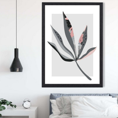 Artze Wall Art Palm Leaf Grey And Pink Boho Botanical Framed Print Size: A2 With Black Frame from B&Q