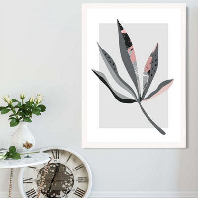 Artze Wall Art Palm Leaf Grey And Pink Boho Botanical Framed Print Size: A2 With White Frame from B&Q