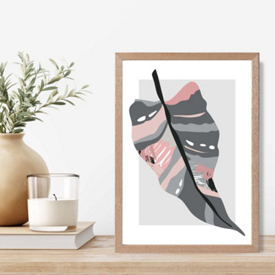 Artze Wall Art Tropical Palm Grey And Pink Boho Botanical Framed Print Size: A4 With Oak Frame from B&Q