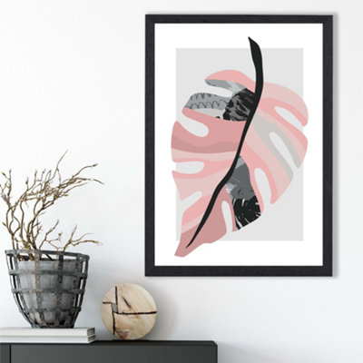 Artze Wall Art Tropical Monstera Grey And Pink Boho Botanical Framed Print Size: A3 With Black Frame from B&Q