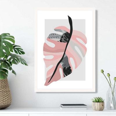 Artze Wall Art Tropical Monstera Grey And Pink Boho Botanical Framed Print Size: A3 With White Frame from B&Q