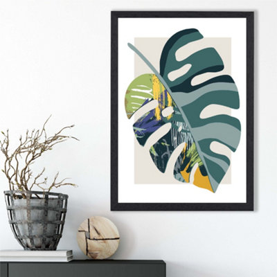Artze Wall Art Monstera Teal And Green Mid Century Modern  Framed Print Size: A3 With Black Frame from B&Q