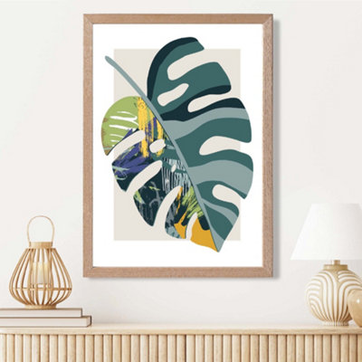 Artze Wall Art Monstera Teal And Green Mid Century Modern  Framed Print Size: A3 With Oak Frame from B&Q