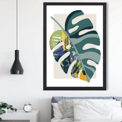 Artze Wall Art Monstera Teal And Green Mid Century Modern  Framed Print Size: A2 With Black Frame from B&Q