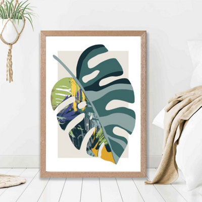 Artze Wall Art Monstera Teal And Green Mid Century Modern  Framed Print Size: A2 With Oak Frame from B&Q