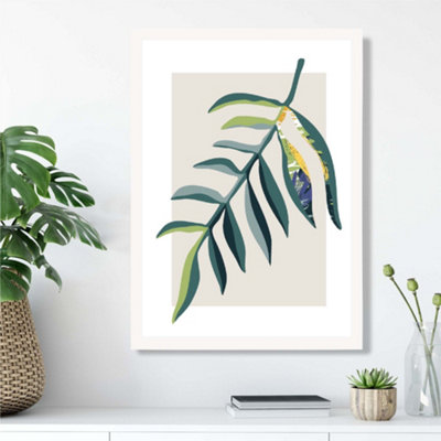 Artze Wall Art Tropical Leaf Teal And Green Mid Century Modern  Framed Print Size: A3 With White Frame from B&Q