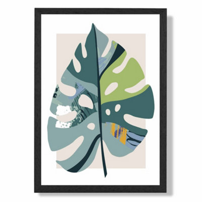 Artze Wall Art Monstera Leaf Teal And Green Mid Century Modern  Art Print With Black Frame Size: A4 from B&Q