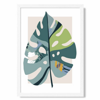 Artze Wall Art Monstera Leaf Teal And Green Mid Century Modern  Art Print With White Frame Size: A4 from B&Q