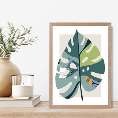 Artze Wall Art Monstera Leaf Teal And Green Mid Century Modern  Framed Print Size: A4 With Oak Frame from B&Q