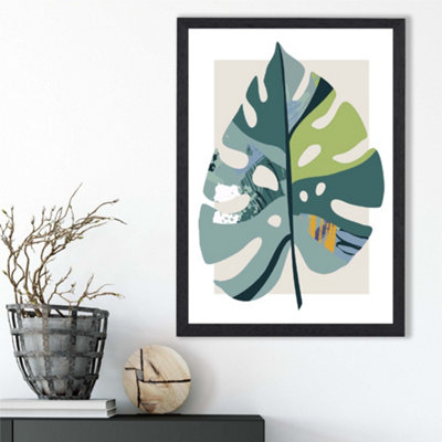 Artze Wall Art Monstera Leaf Teal And Green Mid Century Modern  Framed Print Size: A3 With Black Frame from B&Q