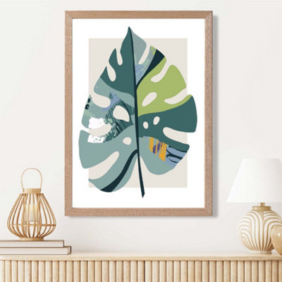 Artze Wall Art Monstera Leaf Teal And Green Mid Century Modern  Framed Print Size: A3 With Oak Frame from B&Q