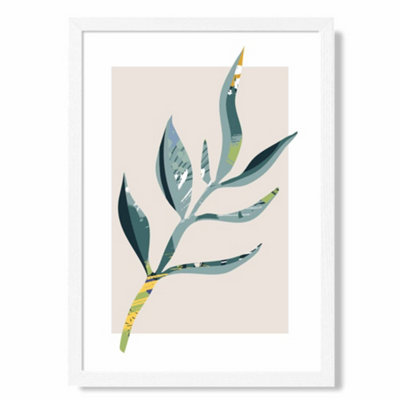 Artze Wall Art Papyrus Leaf Teal And Green Mid Century Modern  Art Print With White Frame Size: A4 from B&Q
