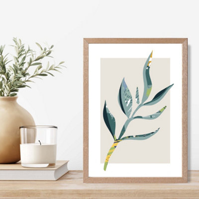 Artze Wall Art Papyrus Leaf Teal And Green Mid Century Modern  Framed Print Size: A4 With Oak Frame from B&Q
