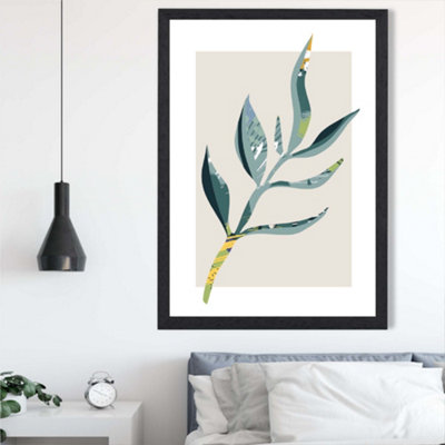 Artze Wall Art Papyrus Leaf Teal And Green Mid Century Modern  Framed Print Size: A2 With Black Frame from B&Q