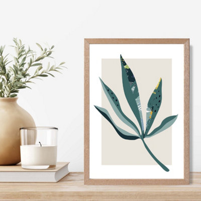 Artze Wall Art Palm Leaf Teal And Green Mid Century Modern  Framed Print Size: A4 With Oak Frame from B&Q