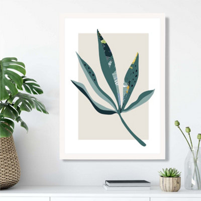 Artze Wall Art Palm Leaf Teal And Green Mid Century Modern  Framed Print Size: A3 With White Frame from B&Q