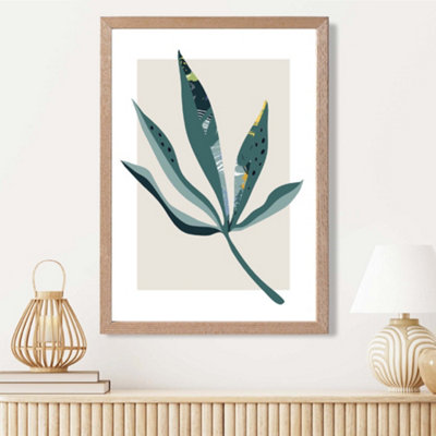 Artze Wall Art Palm Leaf Teal And Green Mid Century Modern  Framed Print Size: A3 With Oak Frame from B&Q