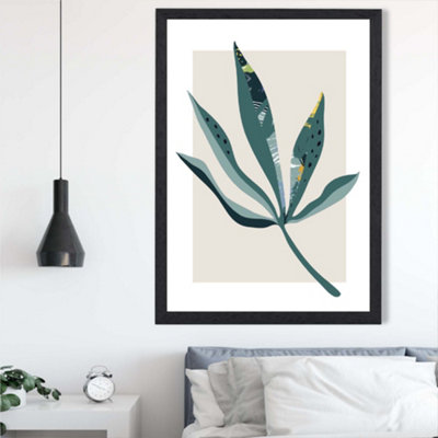Artze Wall Art Palm Leaf Teal And Green Mid Century Modern  Framed Print Size: A2 With Black Frame from B&Q