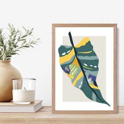 Artze Wall Art Tropical Palm Teal And Green Mid Century Modern  Framed Print Size: A4 With Oak Frame from B&Q