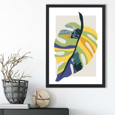 Artze Wall Art Tropical Monstera Teal And Green Mid Century Modern  Framed Print Size: A3 With Black Frame from B&Q