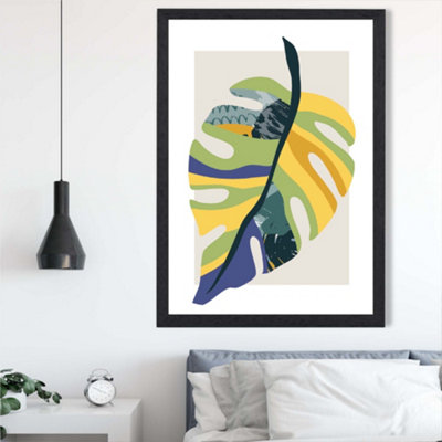 Artze Wall Art Tropical Monstera Teal And Green Mid Century Modern  Framed Print Size: A2 With Black Frame from B&Q
