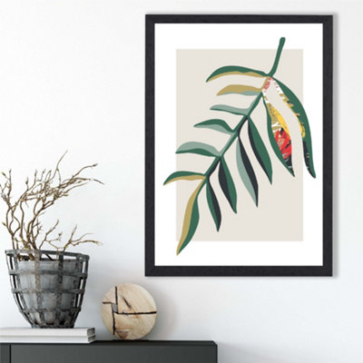 Artze Wall Art Tropical Leaf Green And Red Minamilist Framed Print Size: A3 With Black Frame from B&Q