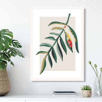 Artze Wall Art Tropical Leaf Green And Red Minamilist Framed Print Size: A3 With White Frame from B&Q