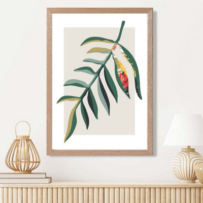 Artze Wall Art Tropical Leaf Green And Red Minamilist Framed Print Size: A3 With Oak Frame from B&Q