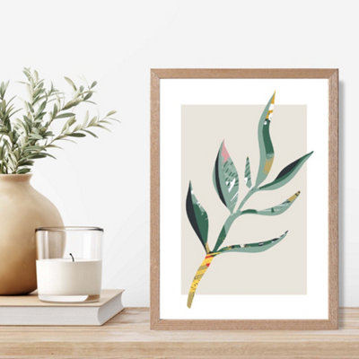 Artze Wall Art Papyrus Leaf Green And Red Minamilist Framed Print Size: A4 With Oak Frame from B&Q