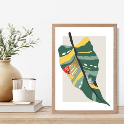 Artze Wall Art Tropical Palm Green And Red Minamilist Framed Print Size: A4 With Oak Frame from B&Q