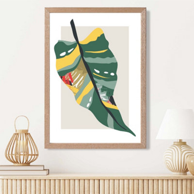 Artze Wall Art Tropical Palm Green And Red Minamilist Framed Print Size: A3 With Oak Frame from B&Q