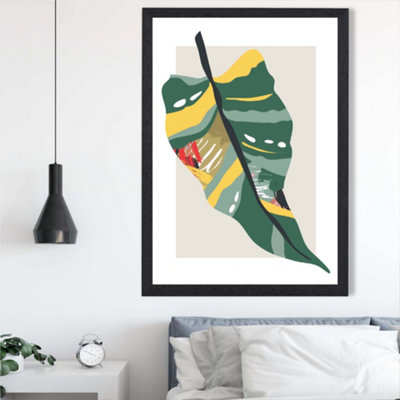 Artze Wall Art Tropical Palm Green And Red Minamilist Framed Print Size: A2 With Black Frame from B&Q