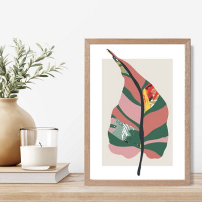 Artze Wall Art Tropical Plant Green And Red Minamilist Framed Print Size: A4 With Oak Frame from B&Q