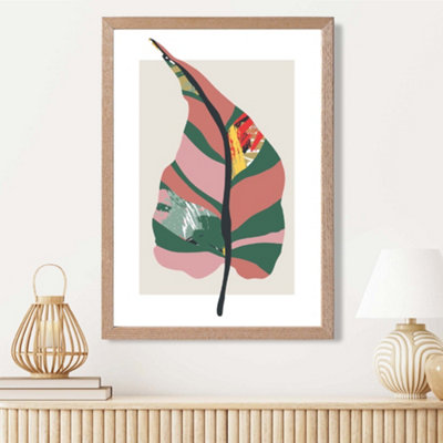 Artze Wall Art Tropical Plant Green And Red Minamilist Framed Print Size: A3 With Oak Frame from B&Q