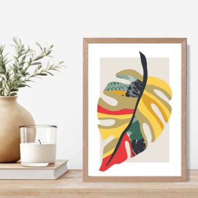 Artze Wall Art Tropical Monstera Green And Red Minamilist Framed Print Size: A4 With Oak Frame from B&Q