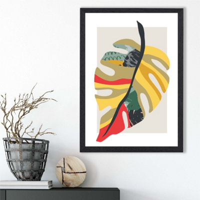 Artze Wall Art Tropical Monstera Green And Red Minamilist Framed Print Size: A3 With Black Frame from B&Q