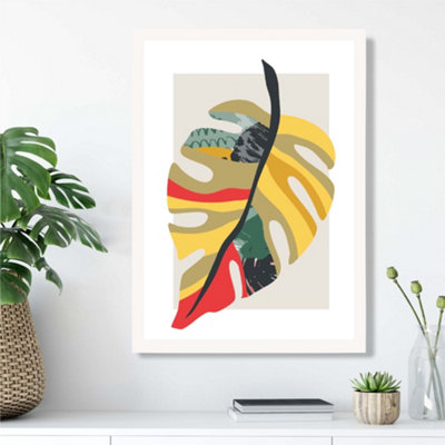 Artze Wall Art Tropical Monstera Green And Red Minamilist Framed Print Size: A3 With White Frame from B&Q