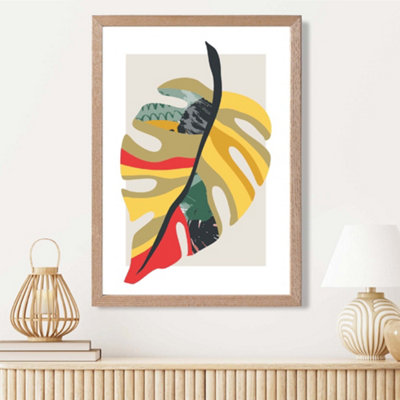 Artze Wall Art Tropical Monstera Green And Red Minamilist Framed Print Size: A3 With Oak Frame from B&Q